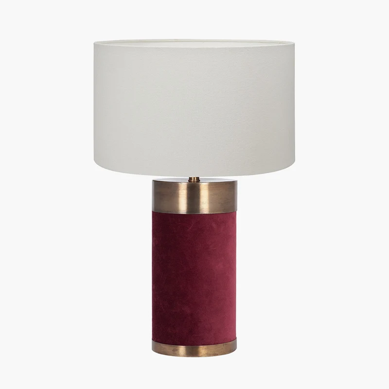 Dempsey Red Velvet and Antique Gold Metal Table Lamp Base with Henry 30cm White Handloom Cylinder Lampshade