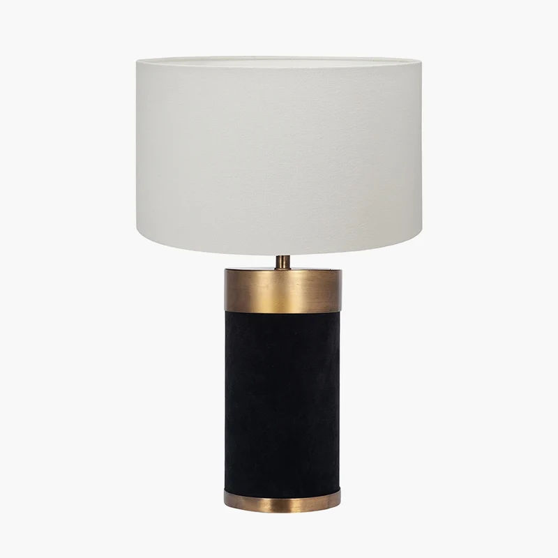 Dempsey Black Velvet and Antique Gold Metal Table Lamp Base with Henry 30cm White Handloom Cylinder Lampshade