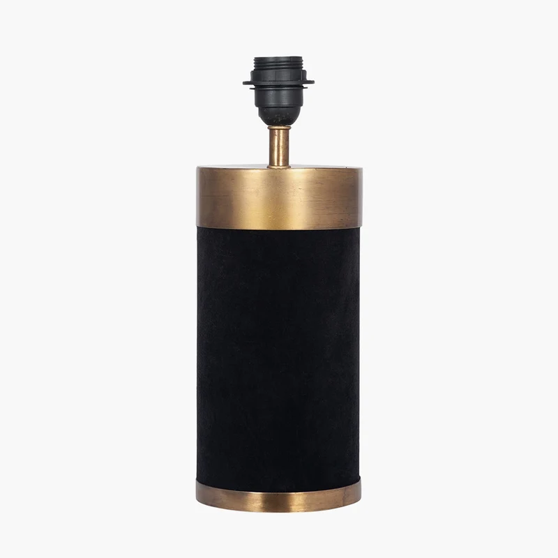Dempsey Black Velvet and Antique Gold Metal Table Lamp Base with Henry 30cm White Handloom Cylinder Lampshade