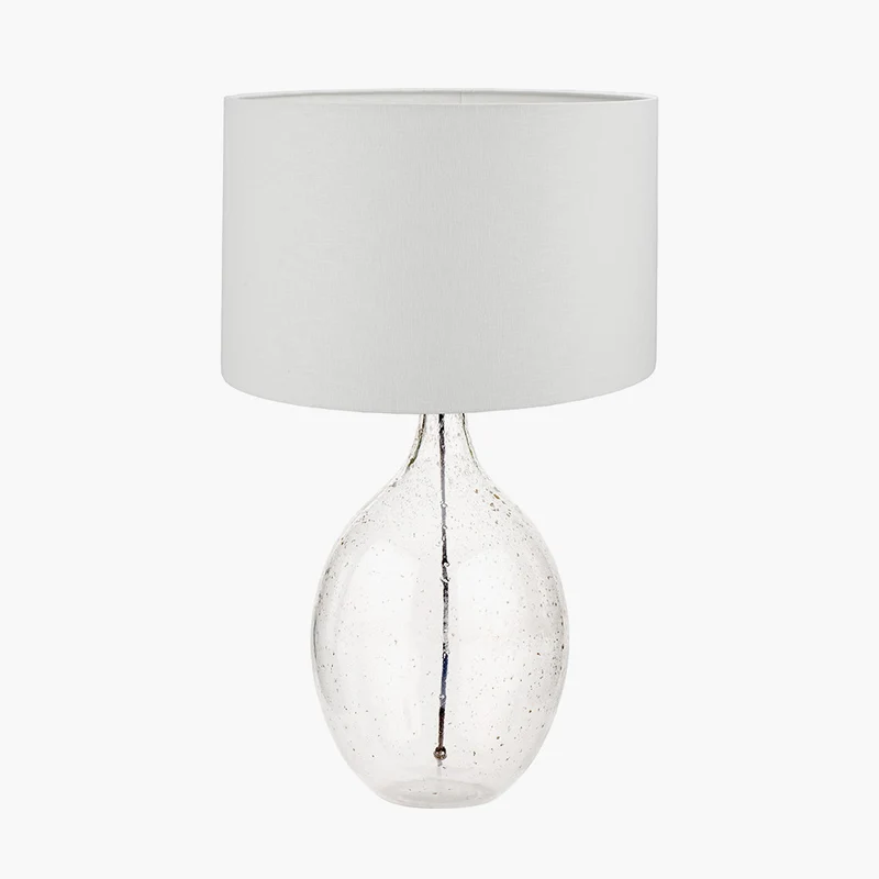 Elysia Bubble Glass and Silver Metal Curved Table Lamp Base with Lino 40cm White Self Lined Linen Cylinder Lampshade