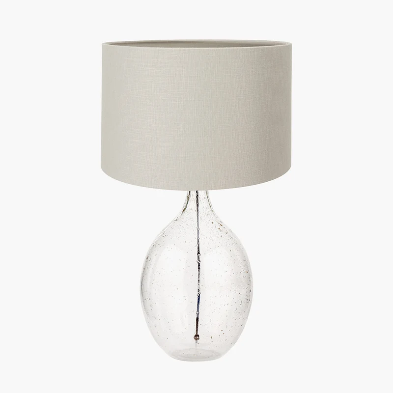 Elysia Bubble Glass and Silver Metal Curved Table Lamp Base with Lino 40cm Grey Self Lined Linen Cylinder Lampshade