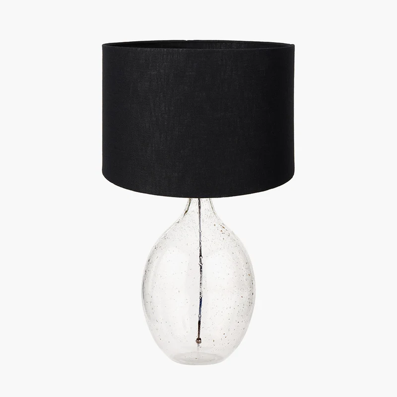 Elysia Bubble Glass and Silver Metal Curved Table Lamp Base with Lino 40cm Black Self Lined Linen Cylinder Lampshade