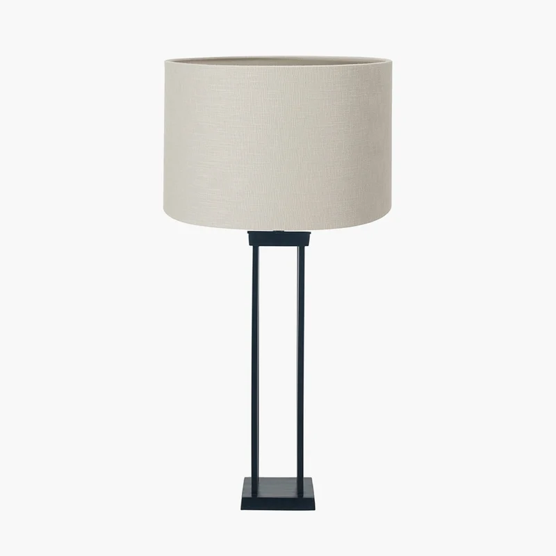 Langston Matt Black Metal Column Table Lamp Base with Lino 40cm Grey Self Lined Linen Cylinder Lampshade