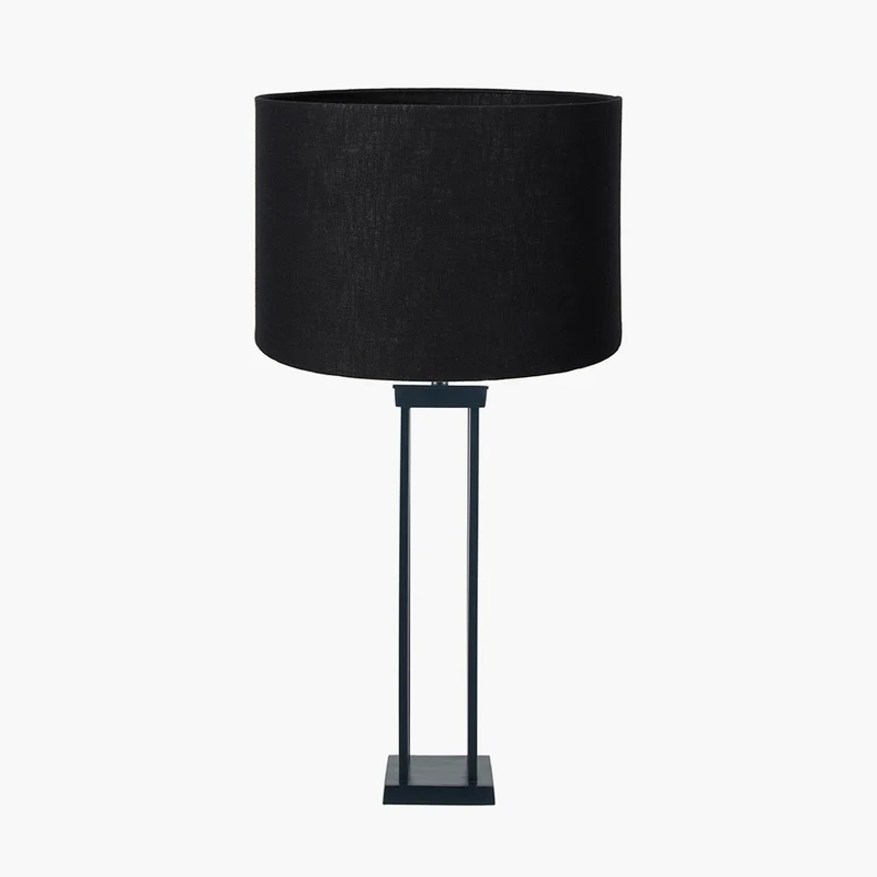 Langston Matt Black Metal Column Table Lamp Base with Lino 40cm Black Self Lined Linen Cylinder Lampshade