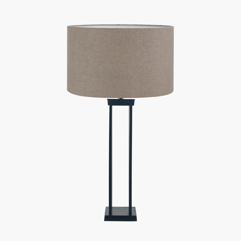 Langston Matt Black Metal Column Table Lamp Base with Edward 40cm Natural Linen Cylinder Lampshade