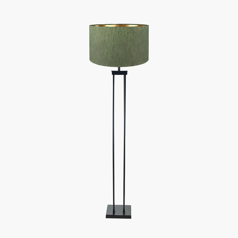 Langston Matt Black Metal Column Floor Lamp Base with Stellan 45cm Green Slubbed Silk Mix Gold Lined Cylinder Lampshade