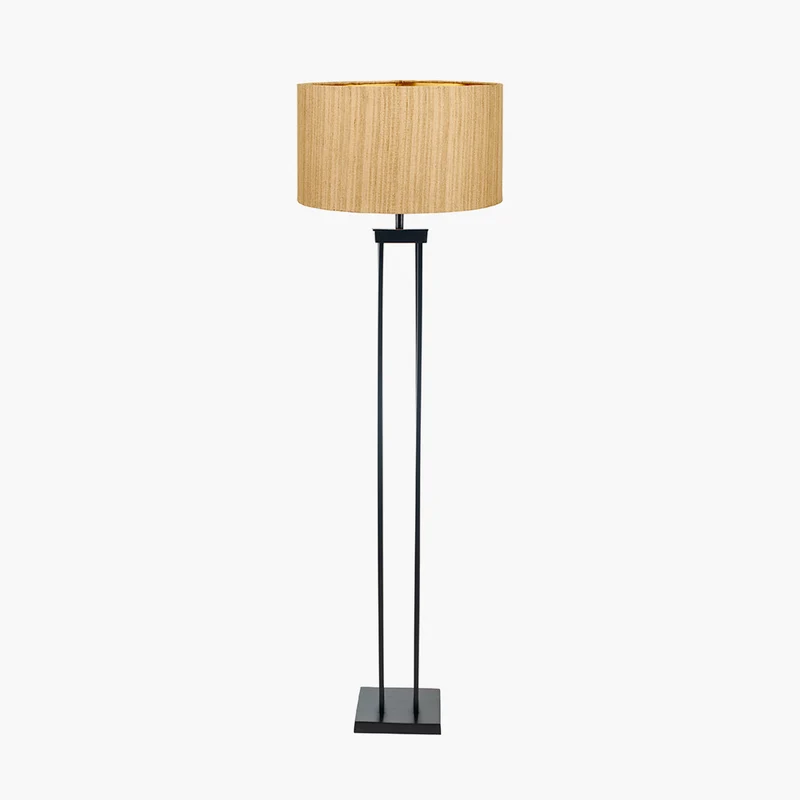 Langston Matt Black Metal Column Floor Lamp Base with Stellan 45cm Gold Slubbed Silk Mix Gold Lined Cylinder Lampshade