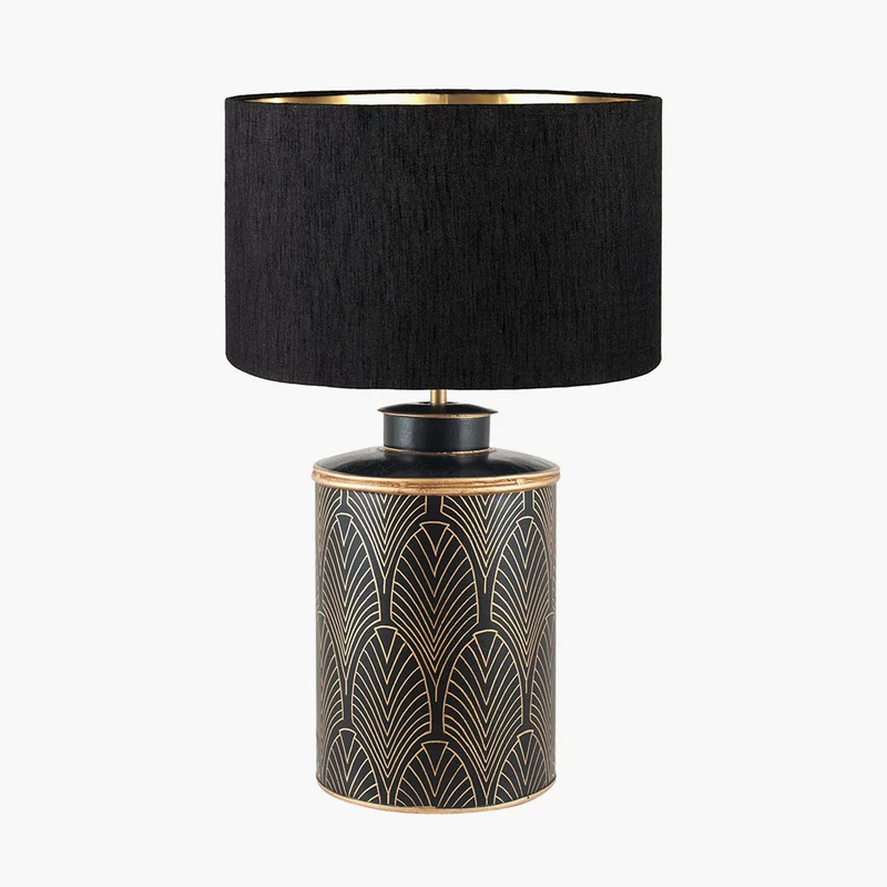 Deco Black Geo Art Deco Hand Painted Table Lamp Base with Stellan 40cm Black Slubbed Silk Mix Gold Lined Cylinder Lampshade