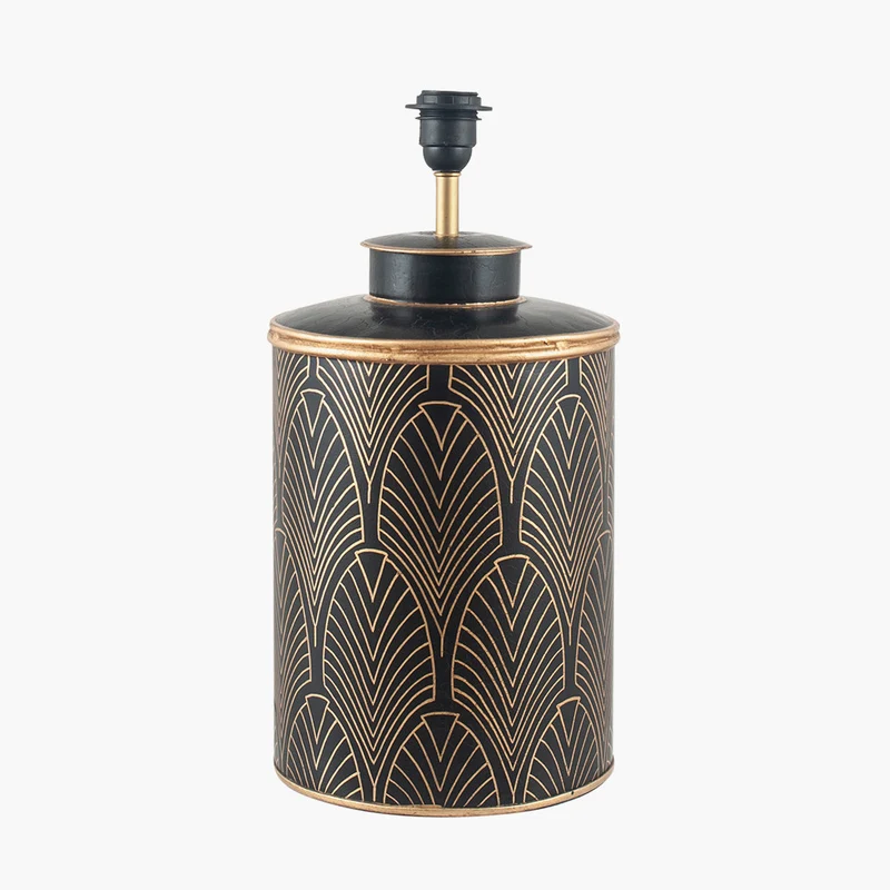 Deco Black Geo Art Deco Hand Painted Table Lamp Base with Stellan 40cm Black Slubbed Silk Mix Gold Lined Cylinder Lampshade