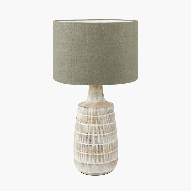 Dambula White Wash Wood Textured Tall Neck Table Lamp Base with Edward 40cm Pistachio Green Linen Cylinder Lampshade