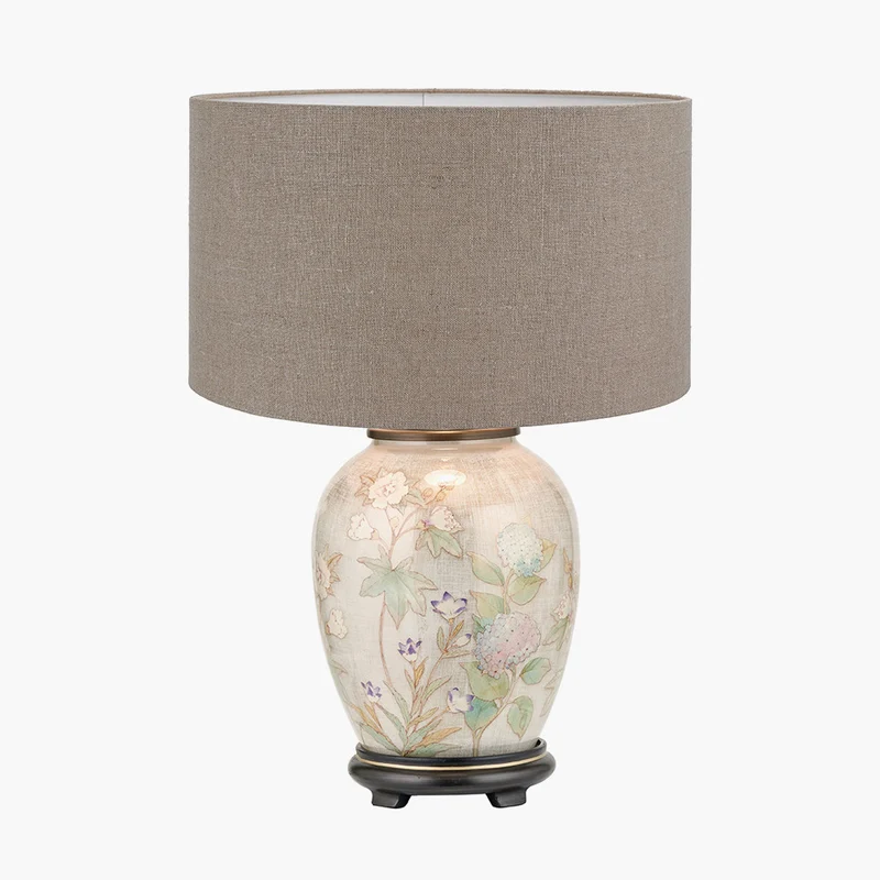 Daikon Flower Medium Glass Table Lamp Base with Edward 35cm Natural Linen Cylinder Lampshade