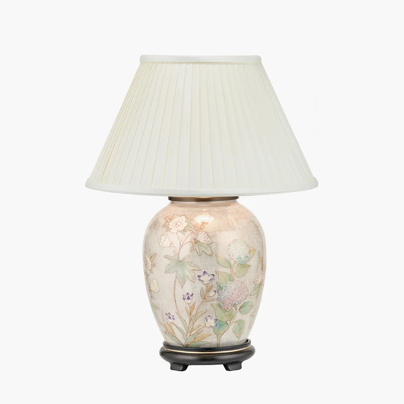 Daikon Flower Medium Glass Table Lamp Base with Bacall 40cm Almond Silk Knife Pleat Empire Lampshade