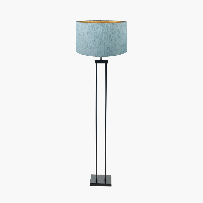Langston Matt Black Metal Column Floor Lamp Base with Stellan 45cm Duck Egg Slubbed Silk Mix Gold Lined Cylinder Lampshade