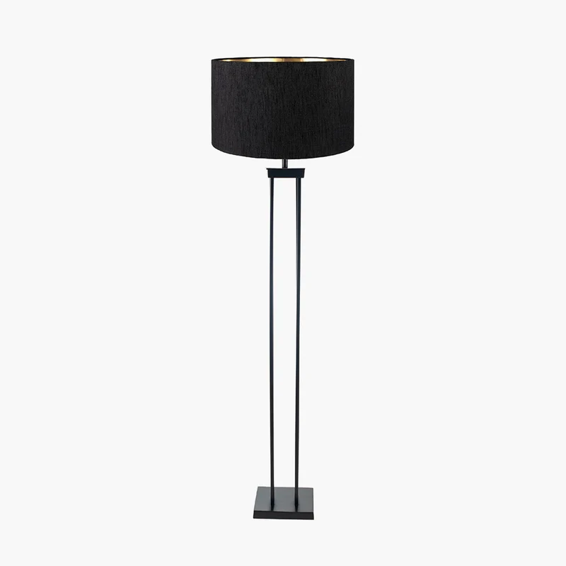 Langston Matt Black Metal Column Floor Lamp Base with Stellan 45cm Black Slubbed Faux Silk Gold Lined Cylinder Lampshade