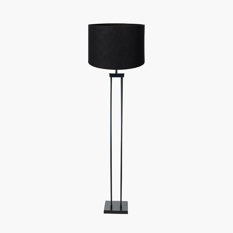 Langston Matt Black Metal Column Floor Lamp Base with Lino 45cm Black Self Lined Linen Cylinder Lampshade