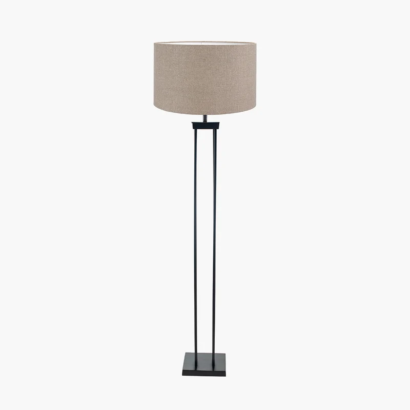 Langston Matt Black Metal Column Floor Lamp Base with Edward 45cm Natural Linen Cylinder Lampshade