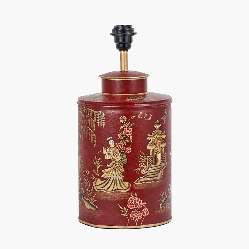 Landscape Red Hand Painted Metal Table Lamp Base with Harry 35cm Taupe Cotton Mix Cylinder Lampshade