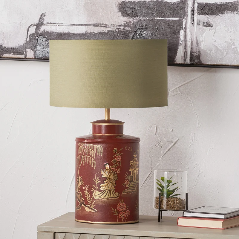 Landscape Red Hand Painted Metal Table Lamp Base with Harry 35cm Taupe Cotton Mix Cylinder Lampshade
