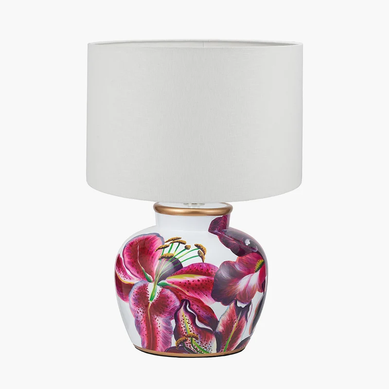 Laelia Pink Lily Ceramic Urn Table Lamp Base with Lino 40cm White Self Lined Linen Cylinder Lampshade