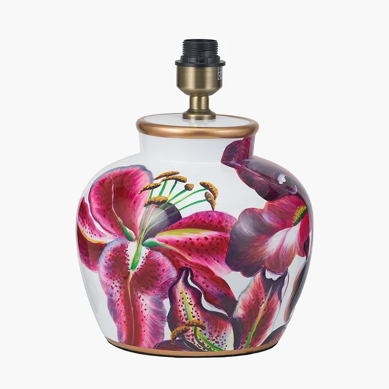 Laelia Pink Lily Ceramic Urn Table Lamp Base with Lino 40cm White Self Lined Linen Cylinder Lampshade