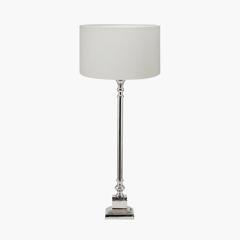 Claudius Nickel Metal Stick Table Lamp Base with Henry 30cm White Handloom Cylinder Lampshade