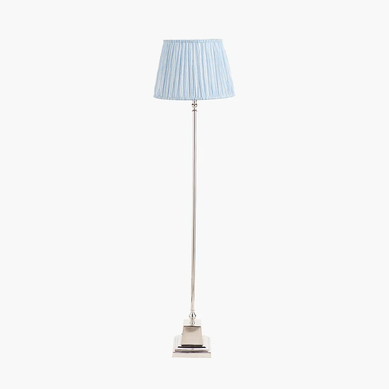 Claudius Nickel Metal Stick Floor Lamp Base with Thiago 40cm Ocean Blue Stripe Mushroom Pleat Tapered Lampshade
