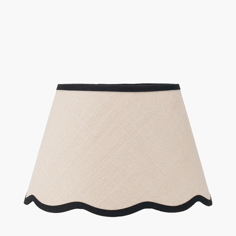 Claudius Nickel Metal Stick Floor Lamp Base with Tabitha 40cm Cream Jute Scalloped Edge Tapered Lamp Shade with Contrast Binding