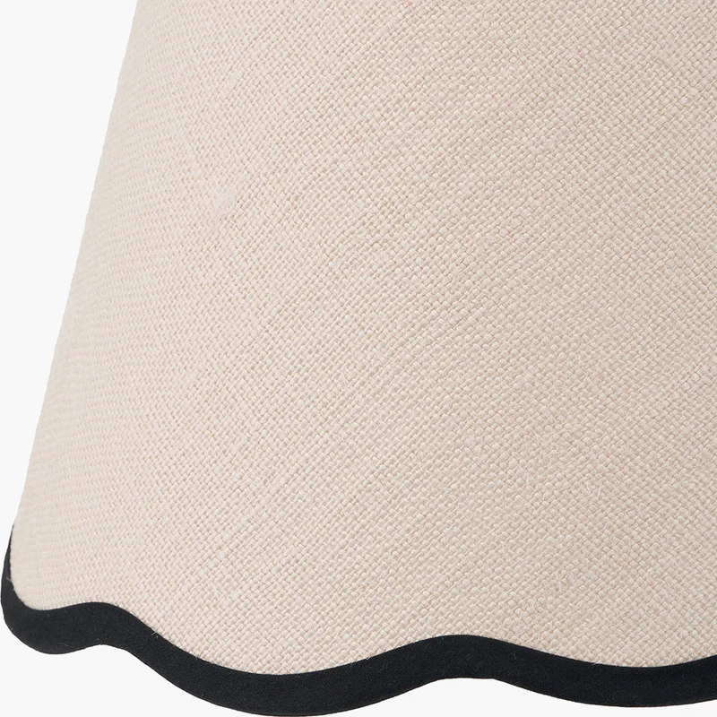 Claudius Nickel Metal Stick Floor Lamp Base with Tabitha 40cm Cream Jute Scalloped Edge Tapered Lamp Shade with Contrast Binding