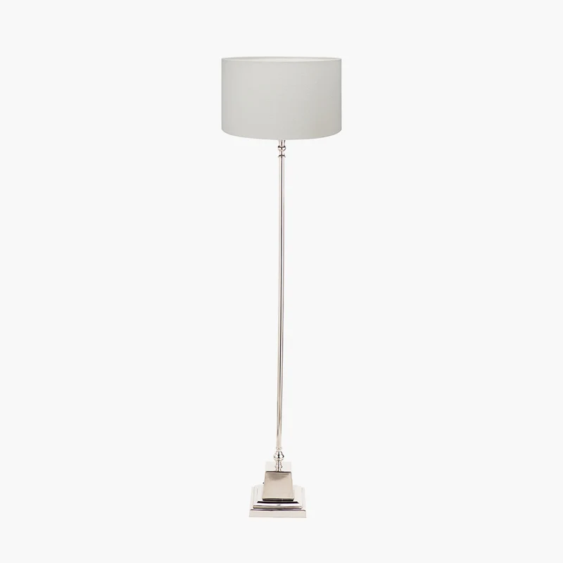 Claudius Nickel Metal Stick Floor Lamp Base with Henry 40cm White Handloom Cylinder Lampshade