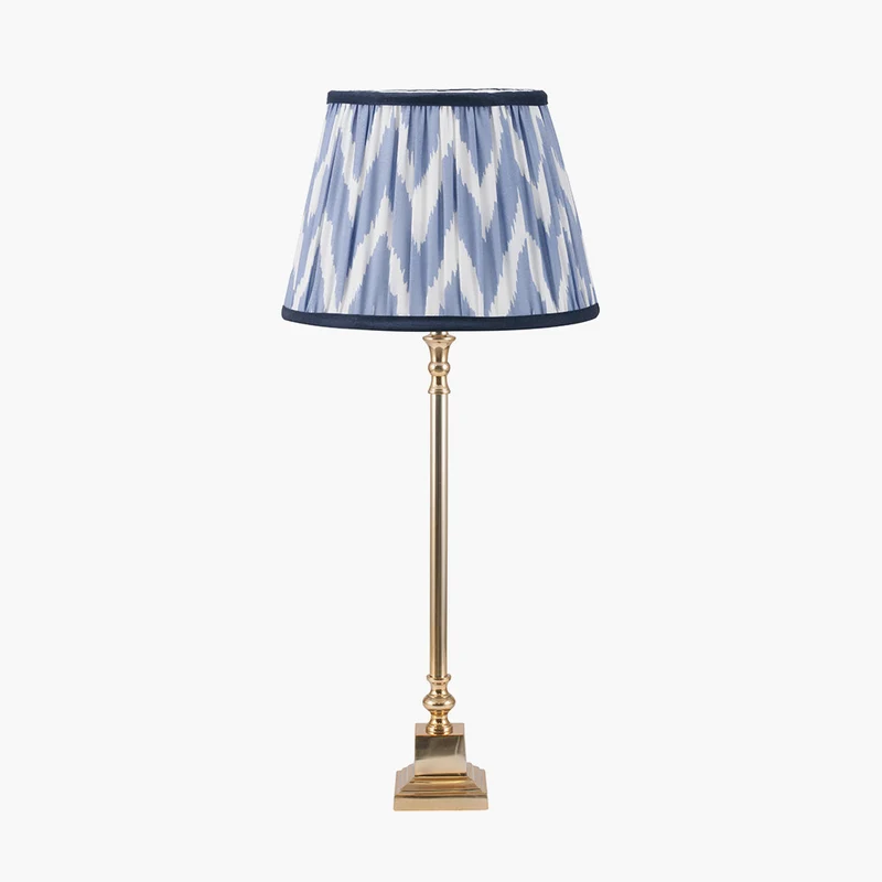 Claudius Gold Metal Stick Table Lamp Base with Kamilah 30cm Blue Chevron Patterned Mushroom Pleat Tapered Lamp Shade