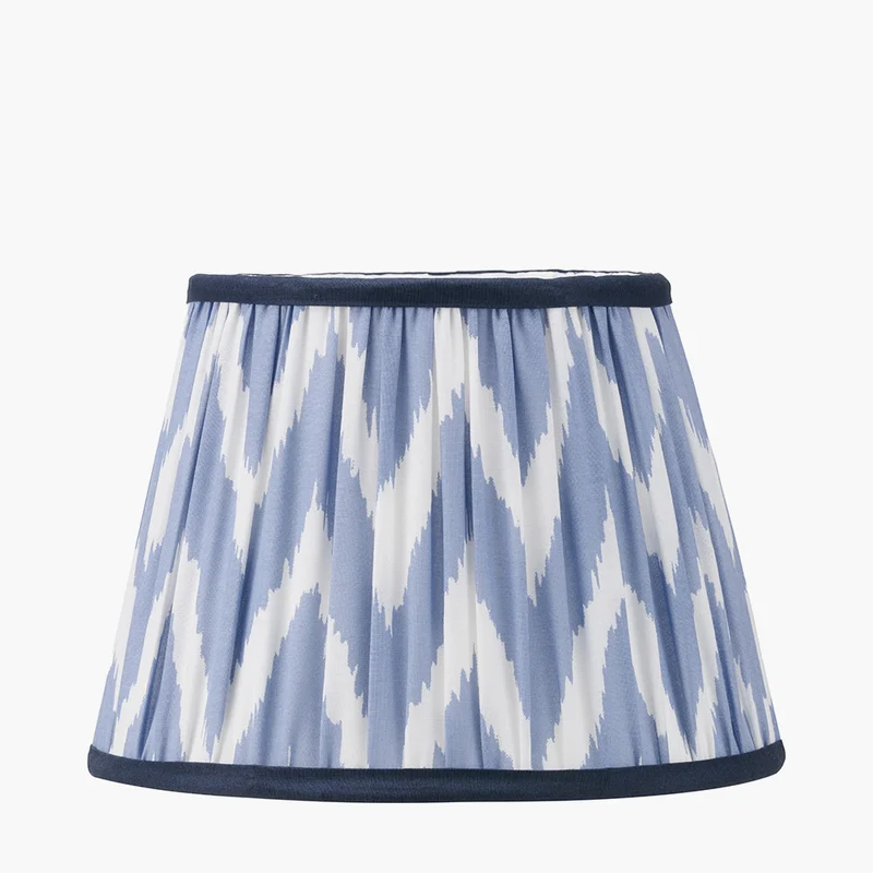 Claudius Gold Metal Stick Table Lamp Base with Kamilah 30cm Blue Chevron Patterned Mushroom Pleat Tapered Lamp Shade