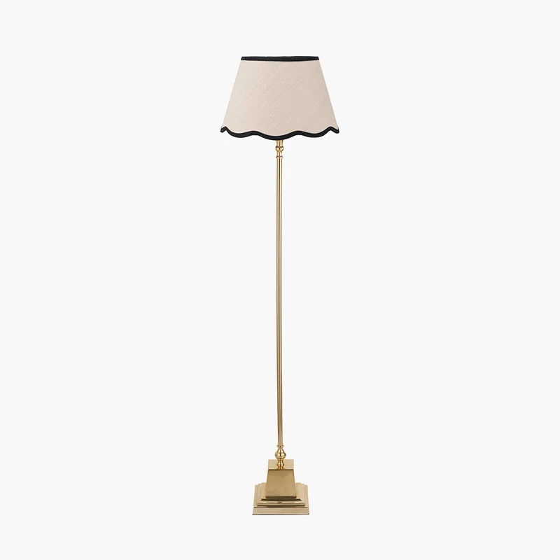 Claudius Gold Metal Stick Floor Lamp Base with Tabitha 40cm Cream Jute Scalloped Edge Tapered Lamp Shade with Contrast Binding