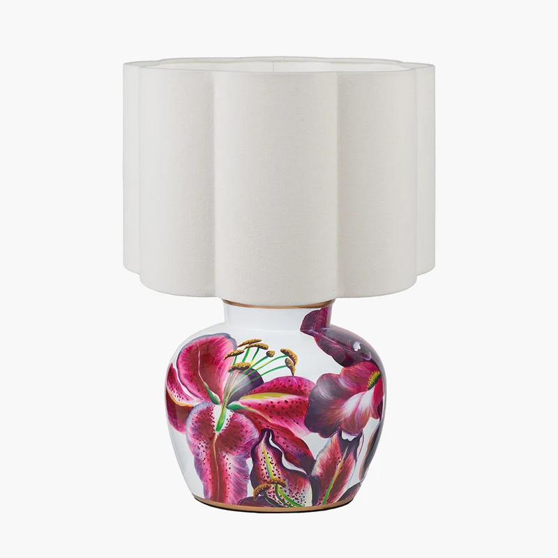 Laelia Pink Lily Ceramic Urn Table Lamp Base with Bloom 40cm White Handloom Scalloped Cylinder Lampshade