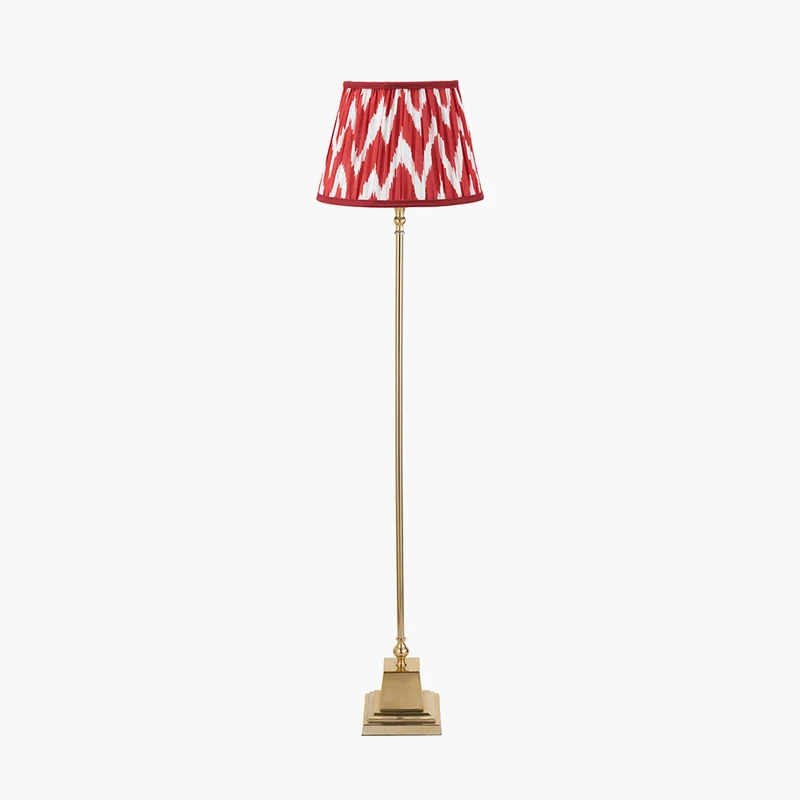 Claudius Gold Metal Stick Floor Lamp Base with Kamilah 40cm Red Chevron Patterned Mushroom Pleat Tapered Lamp Shade