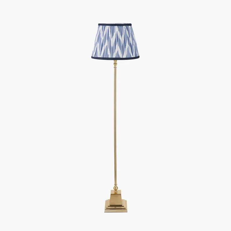 Claudius Gold Metal Stick Floor Lamp Base with Kamilah 40cm Blue Chevron Patterned Mushroom Pleat Tapered Lamp Shade