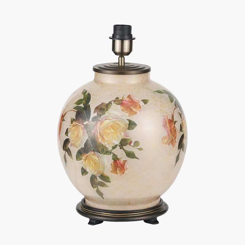 Classic Rose Large Glass Table Lamp Base with Lino 40cm Cream Self Lined Linen Cylinder Lampshade