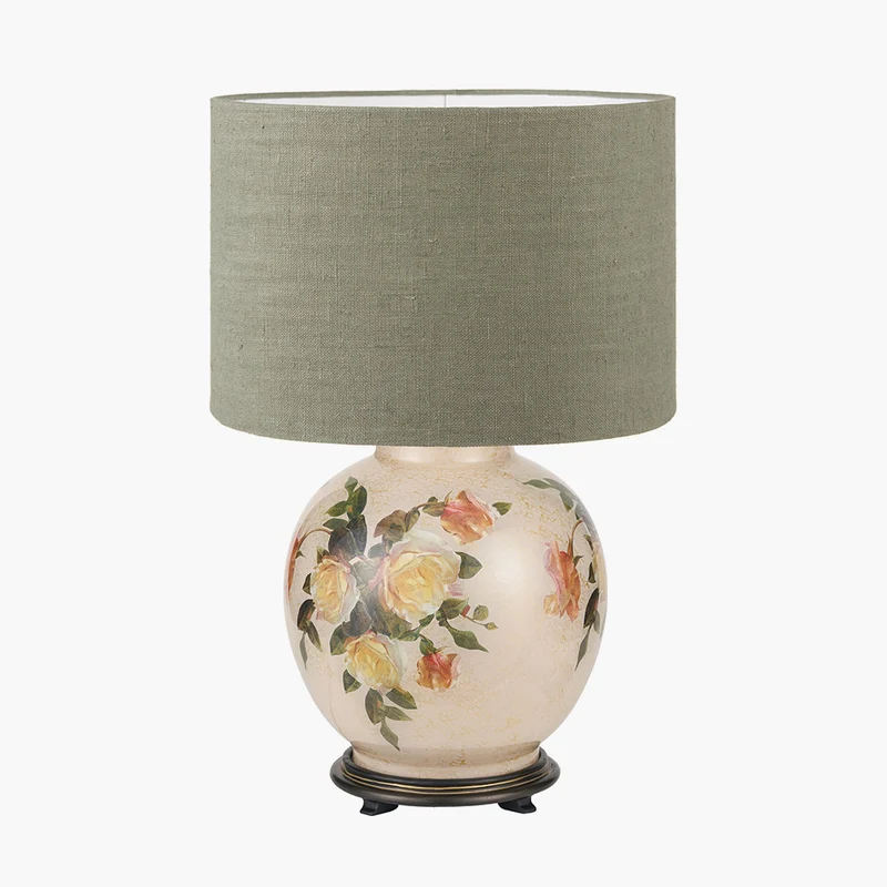 Classic Rose Large Glass Table Lamp Base with Edward 40cm Pistachio Green Linen Cylinder Lampshade