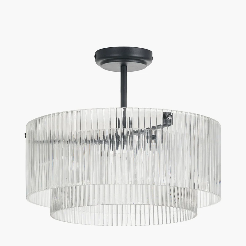Clara Ribbed Glass Black Metal Round Pendant