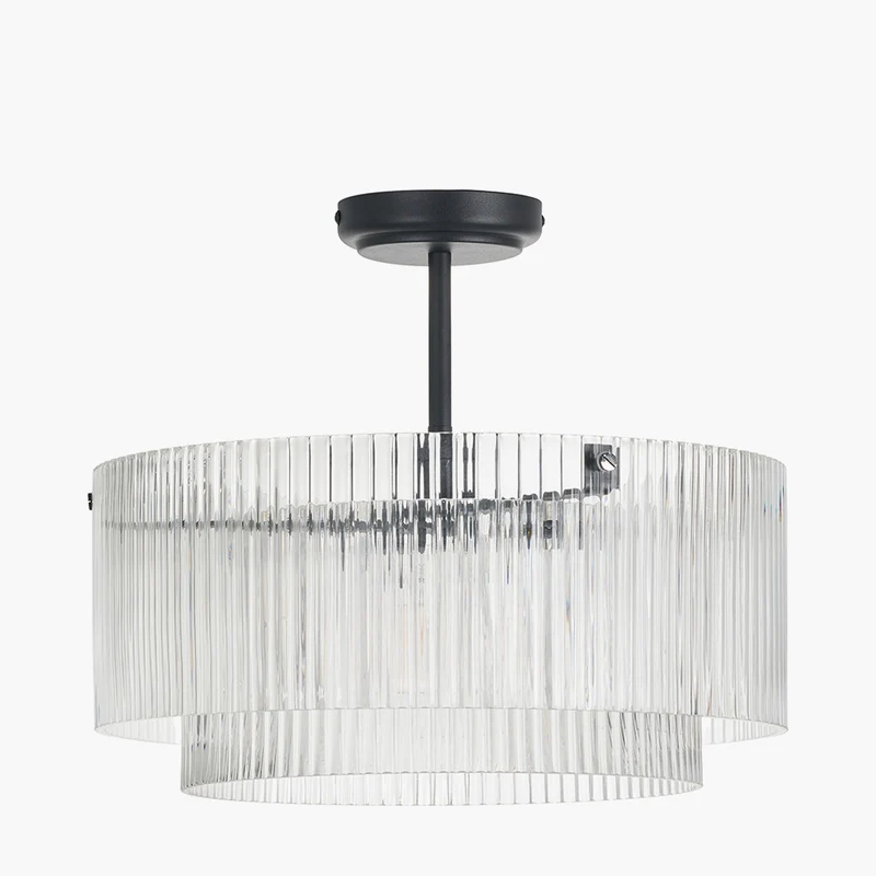 Clara Ribbed Glass Black Metal Round Pendant