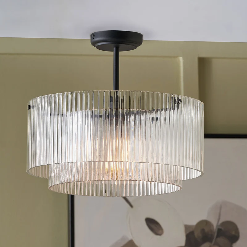 Clara Ribbed Glass Black Metal Round Pendant