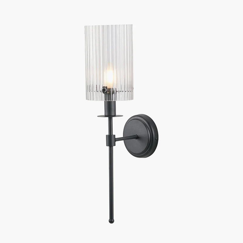 Clara Ribbed Glass Black Metal Cylinder Wall Light