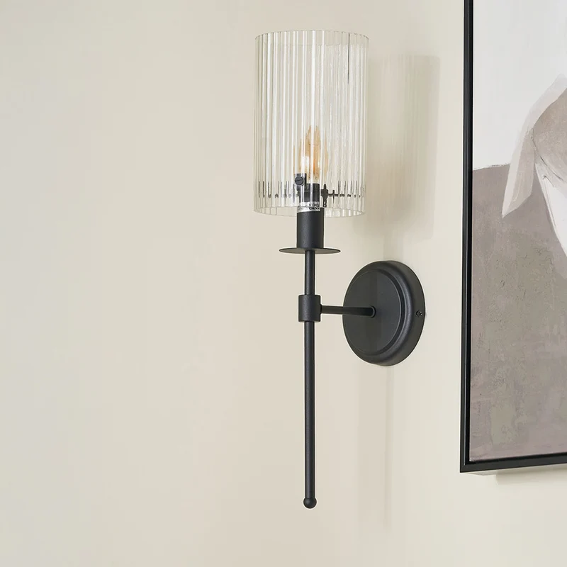 Clara Ribbed Glass Black Metal Cylinder Wall Light