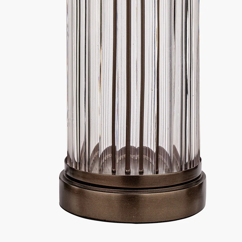 Ciara Clear Glass and Antique Bronze Metal Table Lamp Base with Stellan 35cm Green Slubbed Silk Mix Gold Lined Cylinder Lampshade