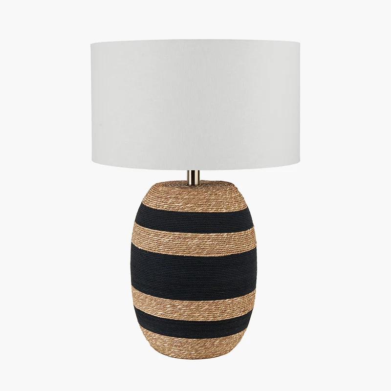 Kalutara Black and Natural Sea Grass Tall Table Lamp Base with Lino 40cm White Self Lined Linen Cylinder Lampshade