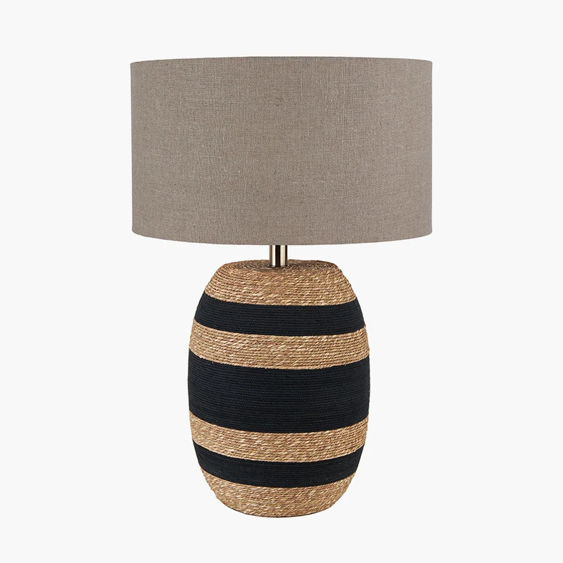 Kalutara Black and Natural Sea Grass Tall Table Lamp Base with Edward 40cm Natural Linen Cylinder Lampshade