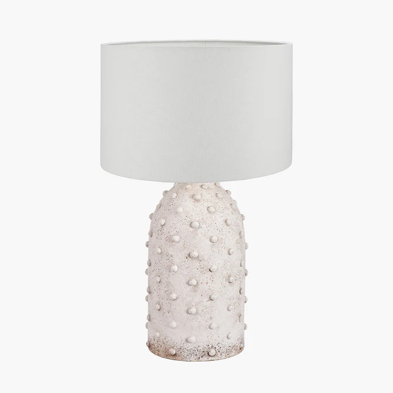 Kali Textured Dot Light Grey Stoneware Table Lamp Base with Lino 30cm White Self Lined Linen Cylinder Lampshade