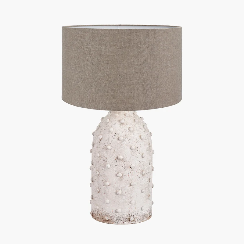 Kali Textured Dot Light Grey Stoneware Table Lamp Base with Edward 30cm Natural Linen Cylinder Lampshade