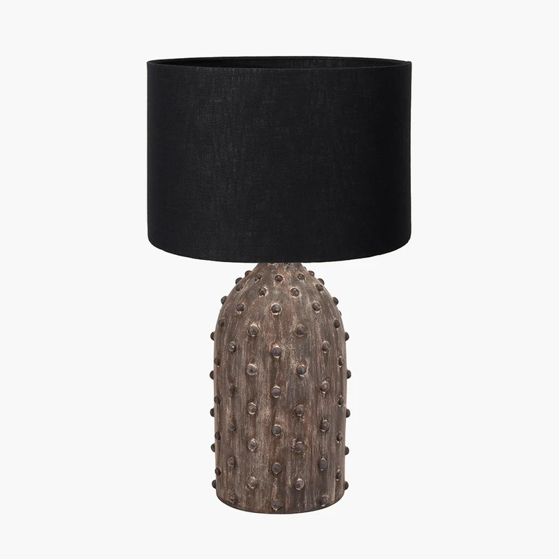 Kali Textured Dot Grey Stoneware Table Lamp Base with Lino 30cm Black Self Lined Linen Cylinder Lampshade