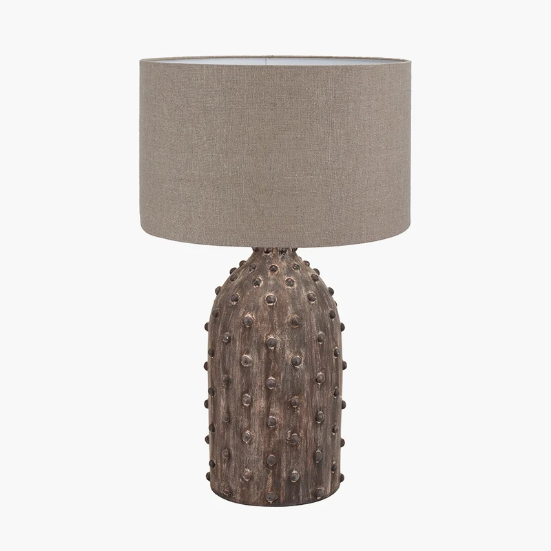 Kali Textured Dot Grey Stoneware Table Lamp Base with Edward 30cm Natural Linen Cylinder Lampshade