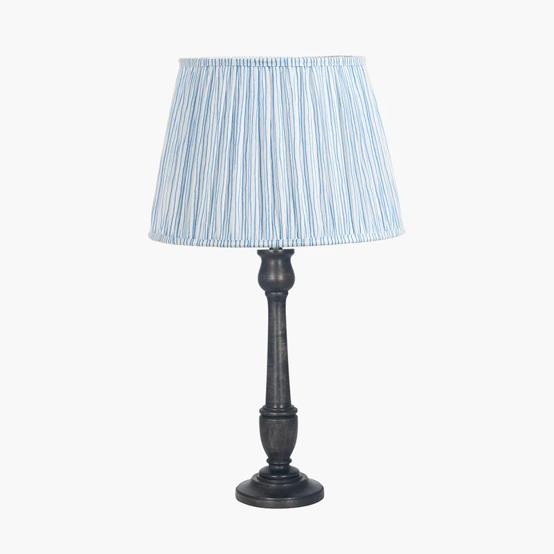 Captiva Antique Black Mango Wood Table Lamp Base with Thiago 35cm Ocean Blue Stripe Mushroom Pleat Tapered Lampshade